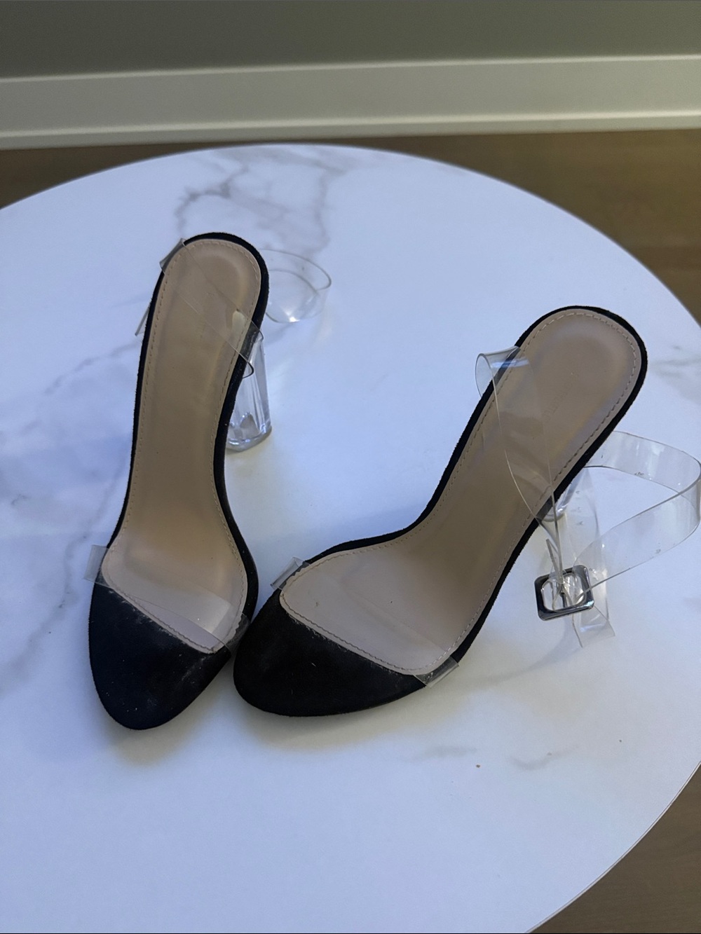 PrettyLittleThing Black Clear Strap Block Heel Sandals
